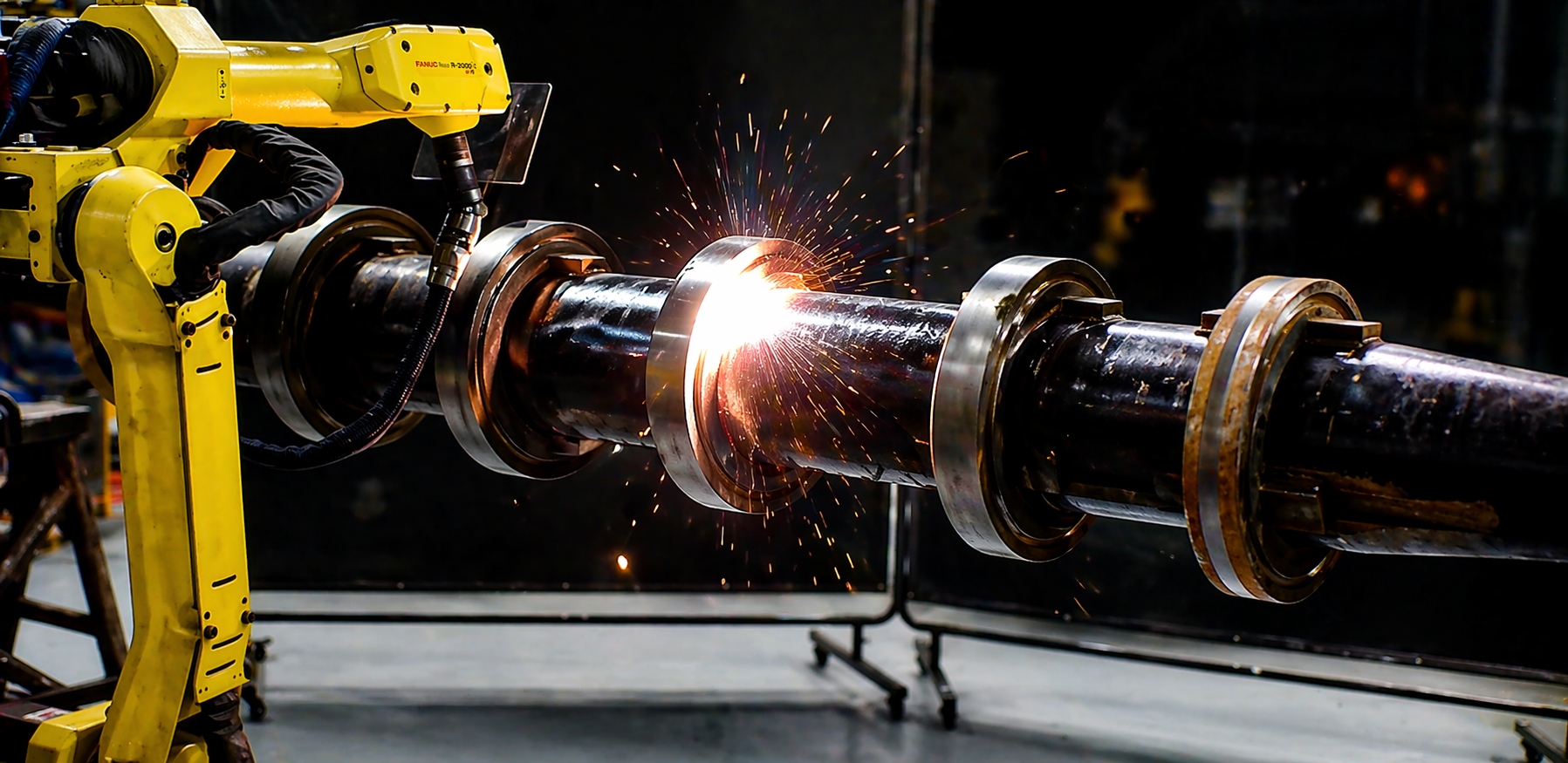 FANUC robot arm applying AEGIS precision energy treatment to an industrial roller, sparks visible