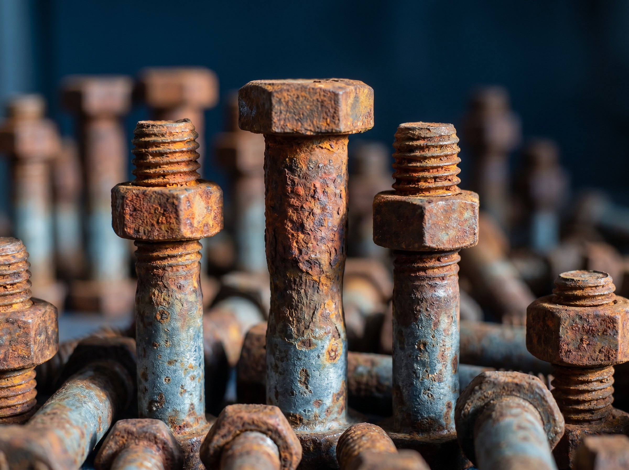 Severely corroded steel bolts from chemical service compared to AEGIS corrosion prevention coated bolts