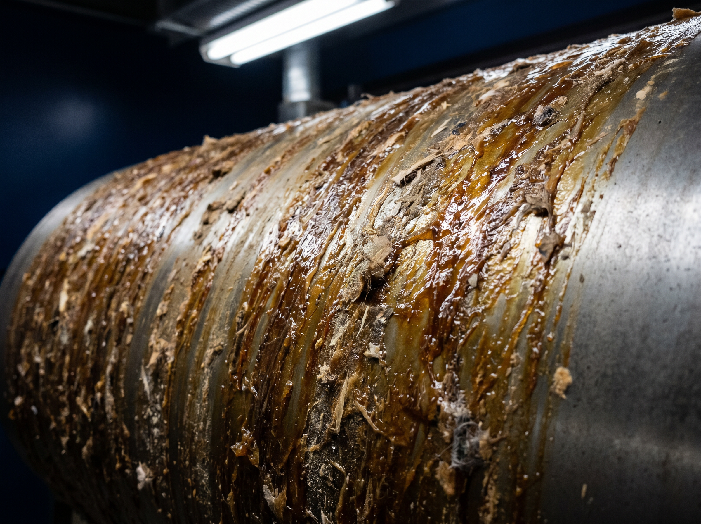 Heavy sticky polymer adhesive residue caked across an industrial calender roll surface, the sticking and buildup failure mode AEGIS extreme release coatings prevent