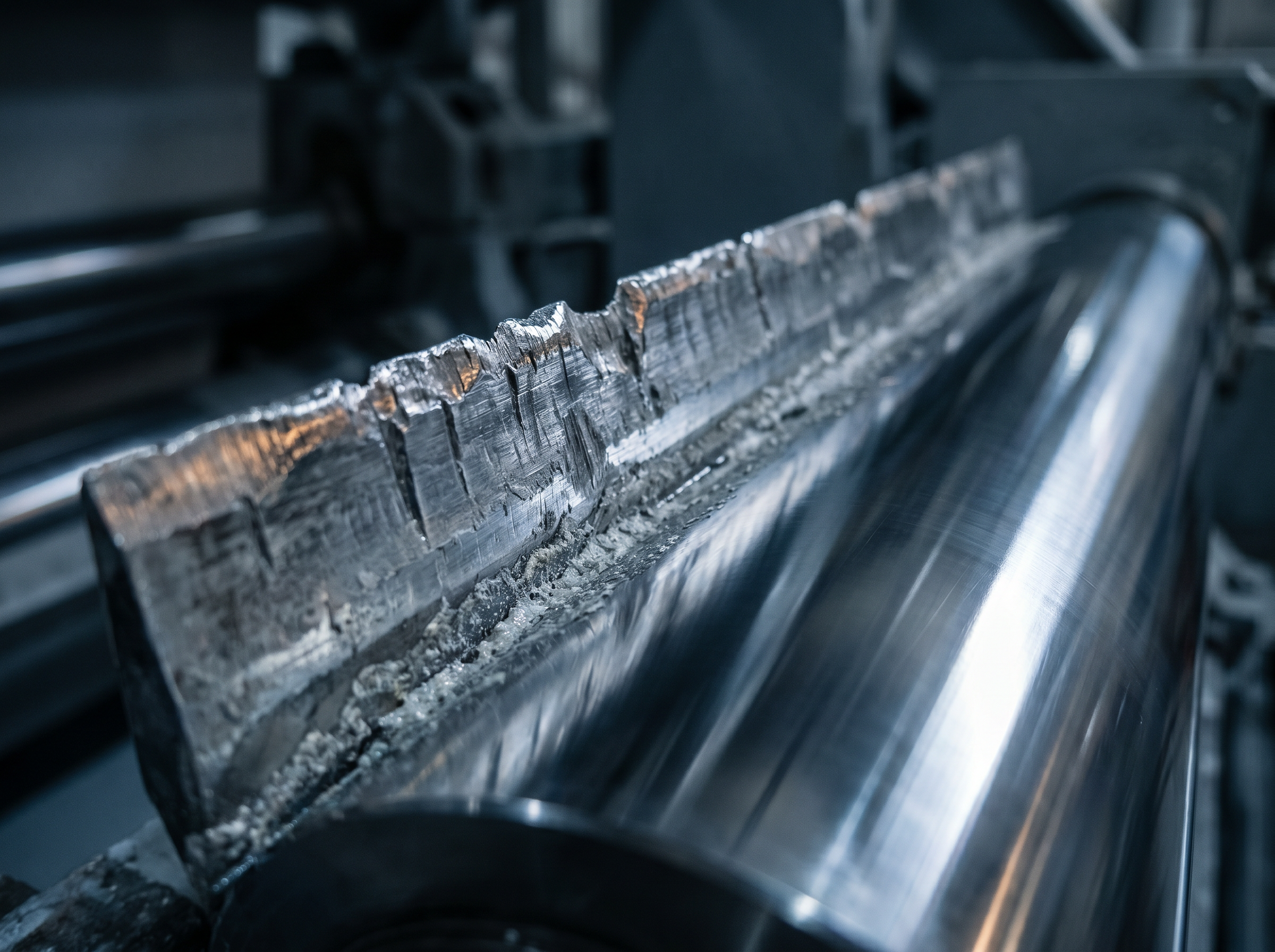 Worn doctor blade with a chewed, notched edge against a polished industrial roller, the abrasion failure mode AEGIS extreme wear coatings address
