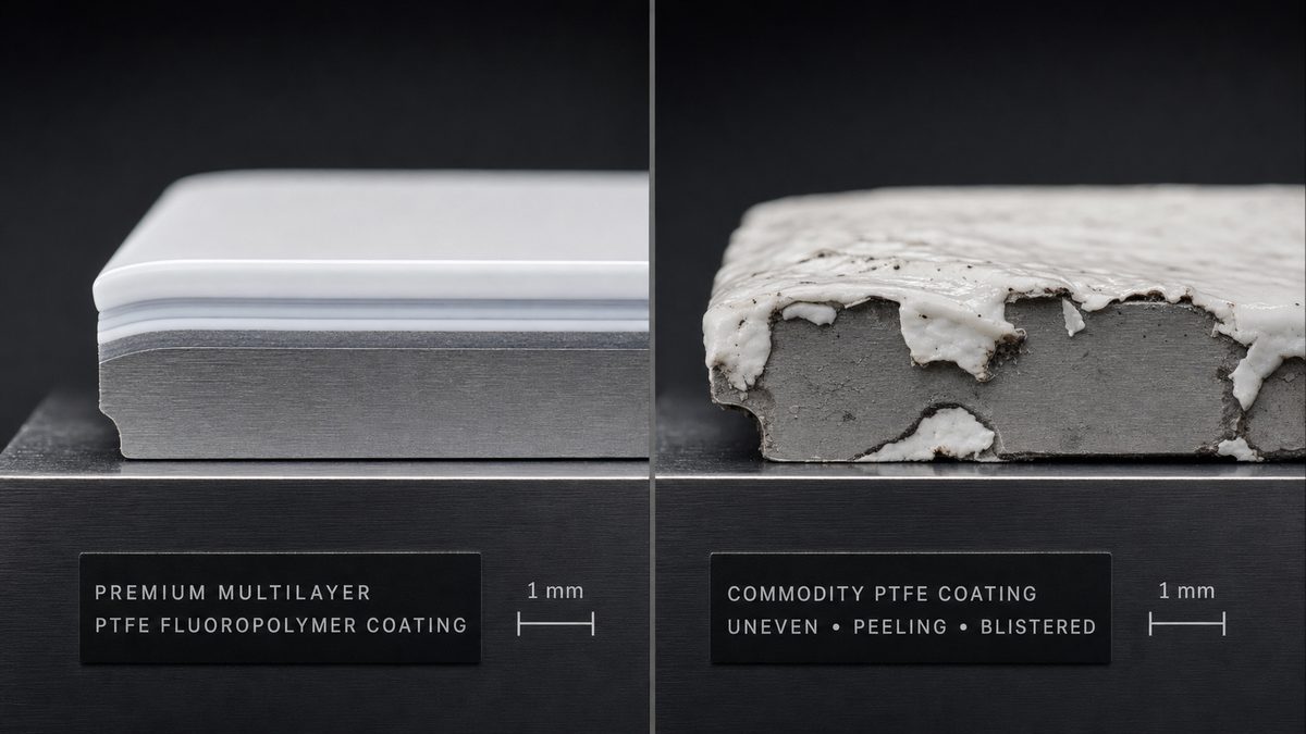 Side by side comparison of premium multilayer PTFE coating versus commodity PTFE coating showing uniform cross section versus peeled blistered surface