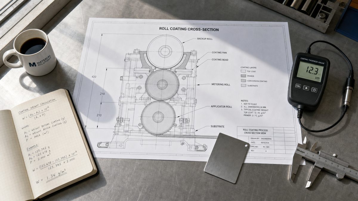 Engineering review bench with roll coating cross section blueprint, notebook calculations, coating thickness gauge, and coated metal sample