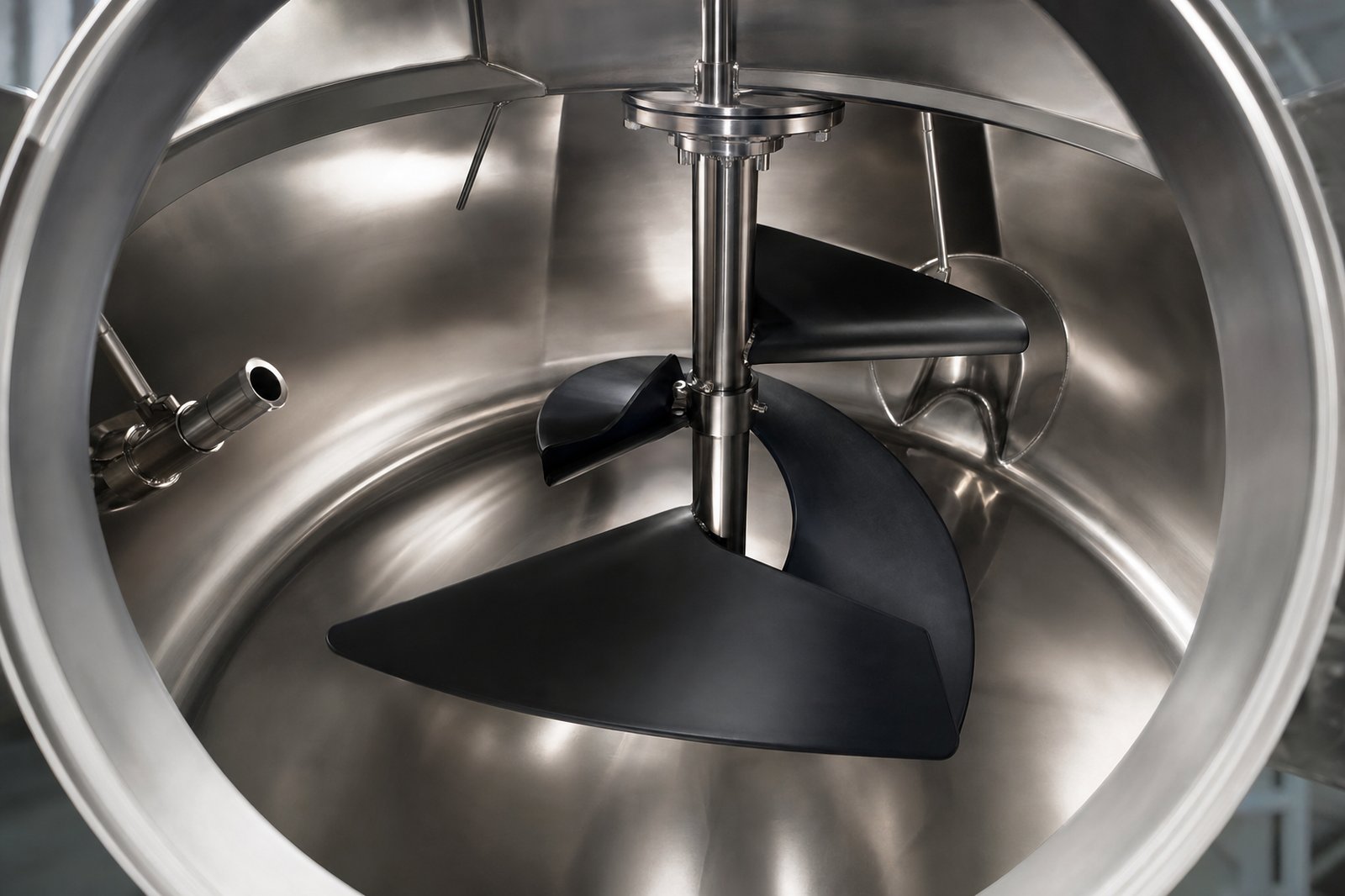 Pharmaceutical mixing vessel interior with PTFE-coated mixer blade for FDA-compliant production