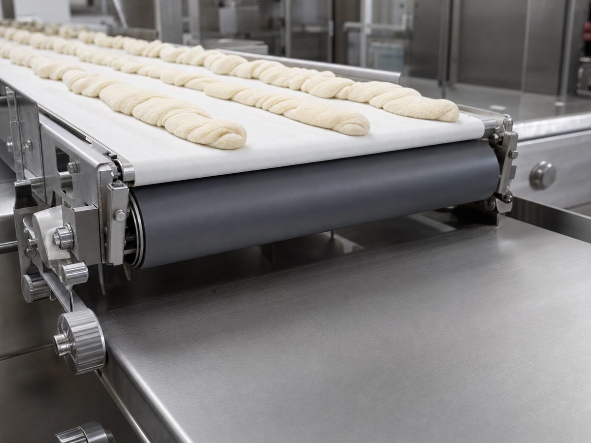 Food processing conveyor belt roll with smooth dark PTFE coating in clean food manufacturing facility