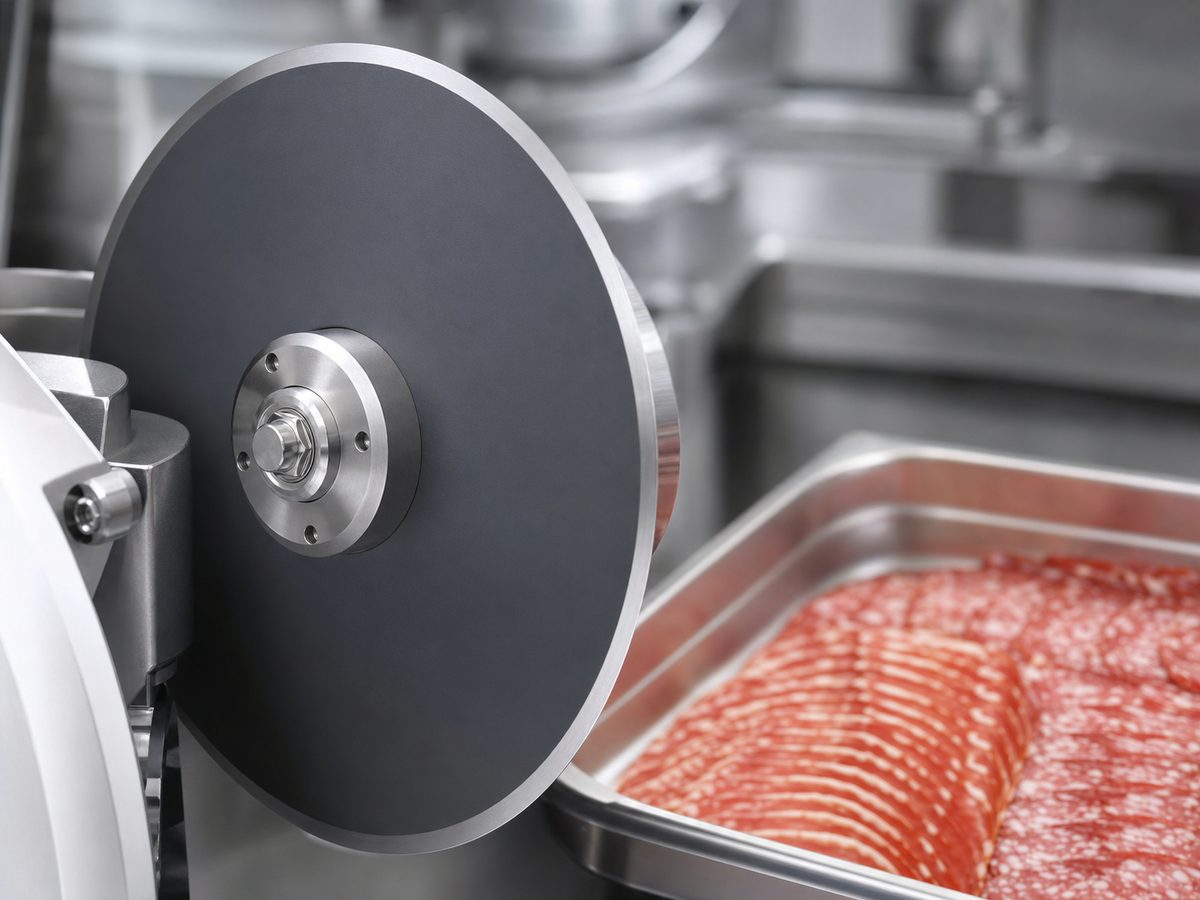 Commercial food slicer blade with PTFE coating on blade flat for clean release on meat slicing line