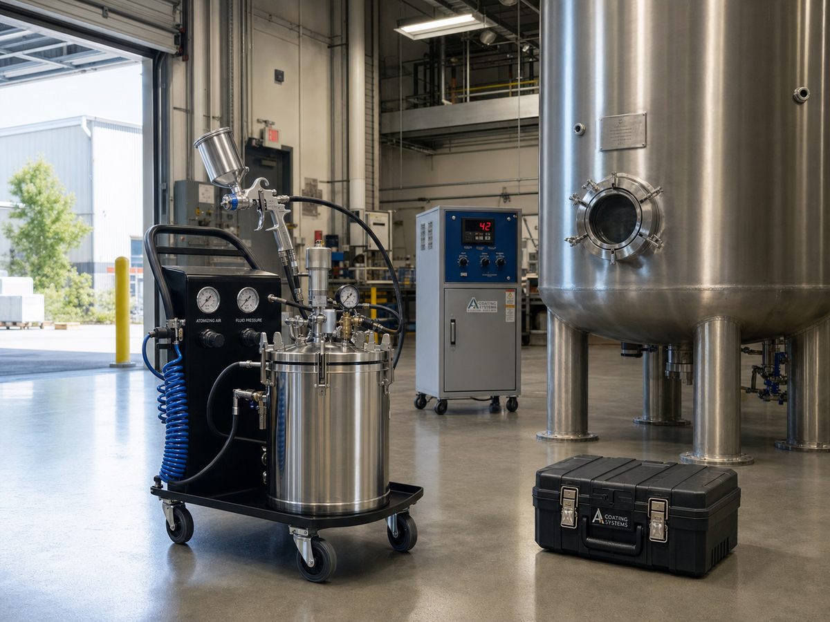 AEGIS portable spray coating cart with stainless pressure pot and HVLP spray gun staged at an industrial jobsite for field PTFE coating
