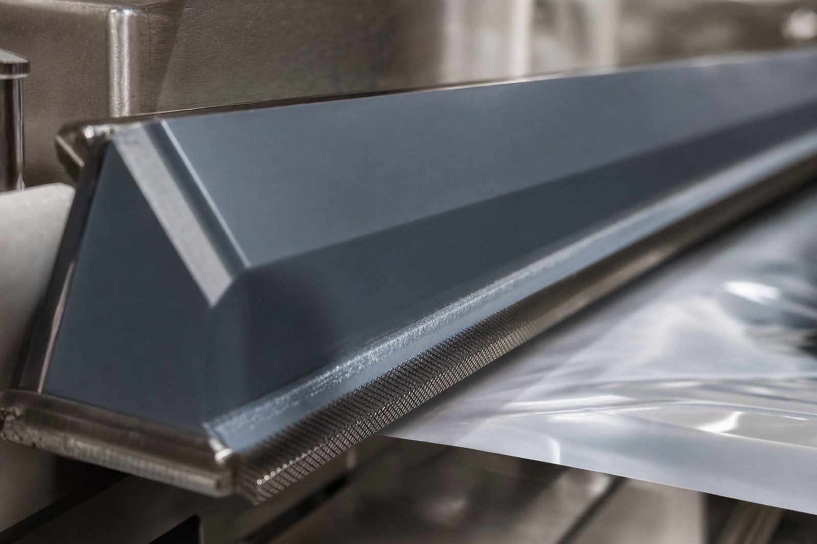 Stainless steel heat seal bar with smooth dark PTFE fluoropolymer coating on flexible packaging line