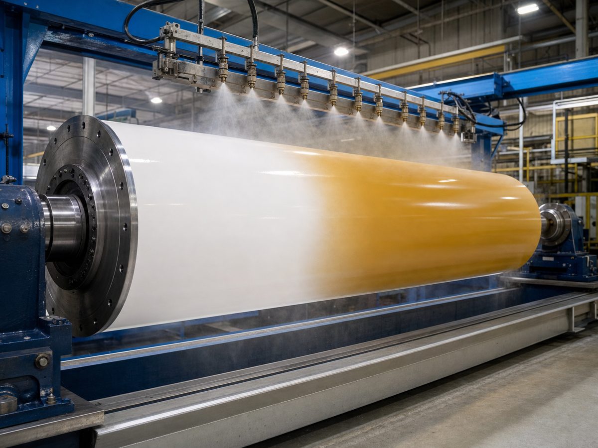 Large industrial paper machine roll being PTFE coated on a rotating stand with overhead spray bar