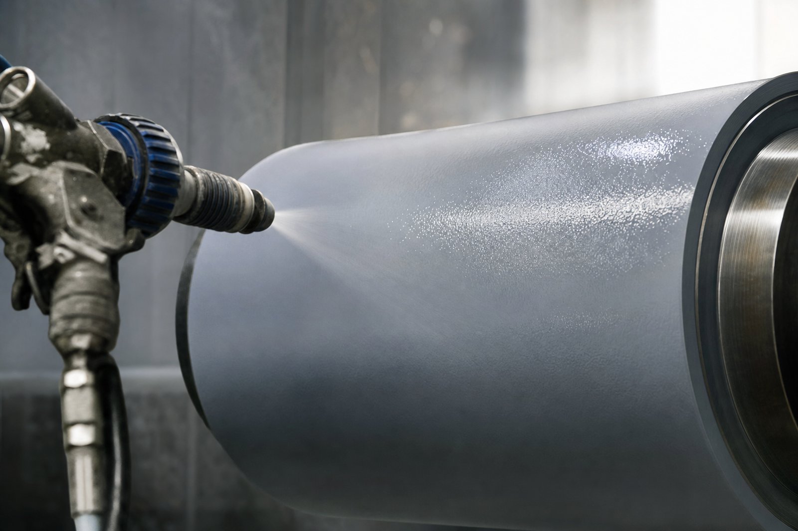 Precision industrial roll being spray-coated with PTFE fluoropolymer in coating chamber