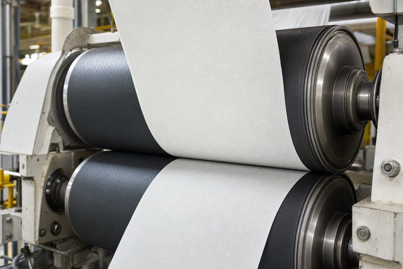 Tissue converter embossing rolls with PTFE coating processing tissue paper on production line