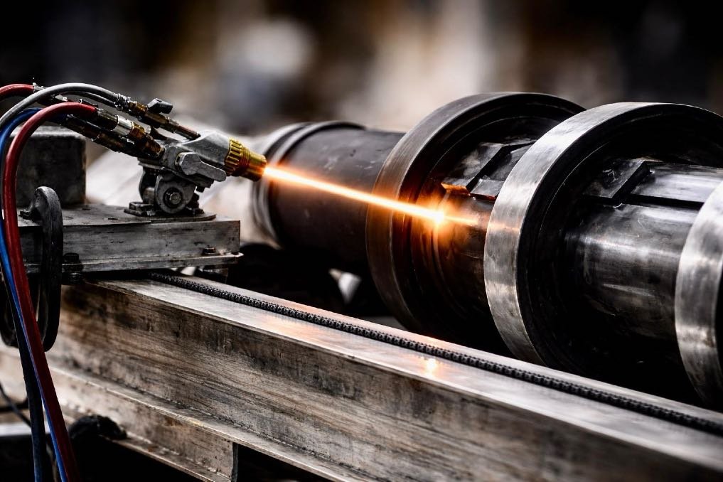 HVOF tungsten carbide thermal spray application showing the spray flame