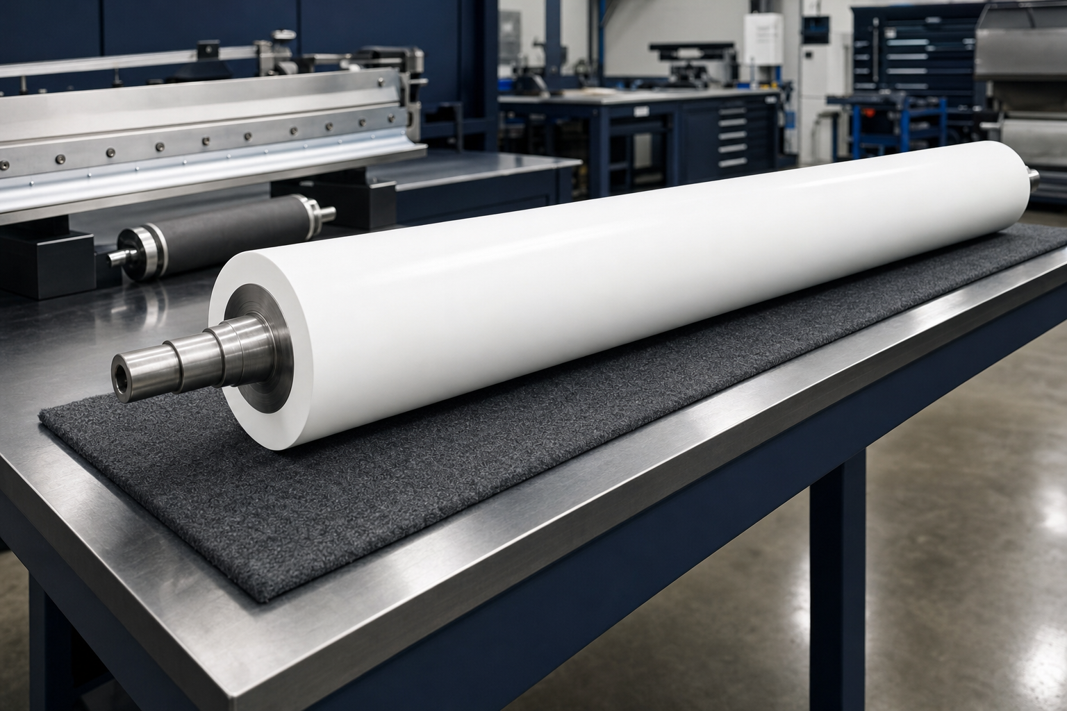 Converting equipment idler roll with fresh PTFE coating in the AEGIS Advanced workshop