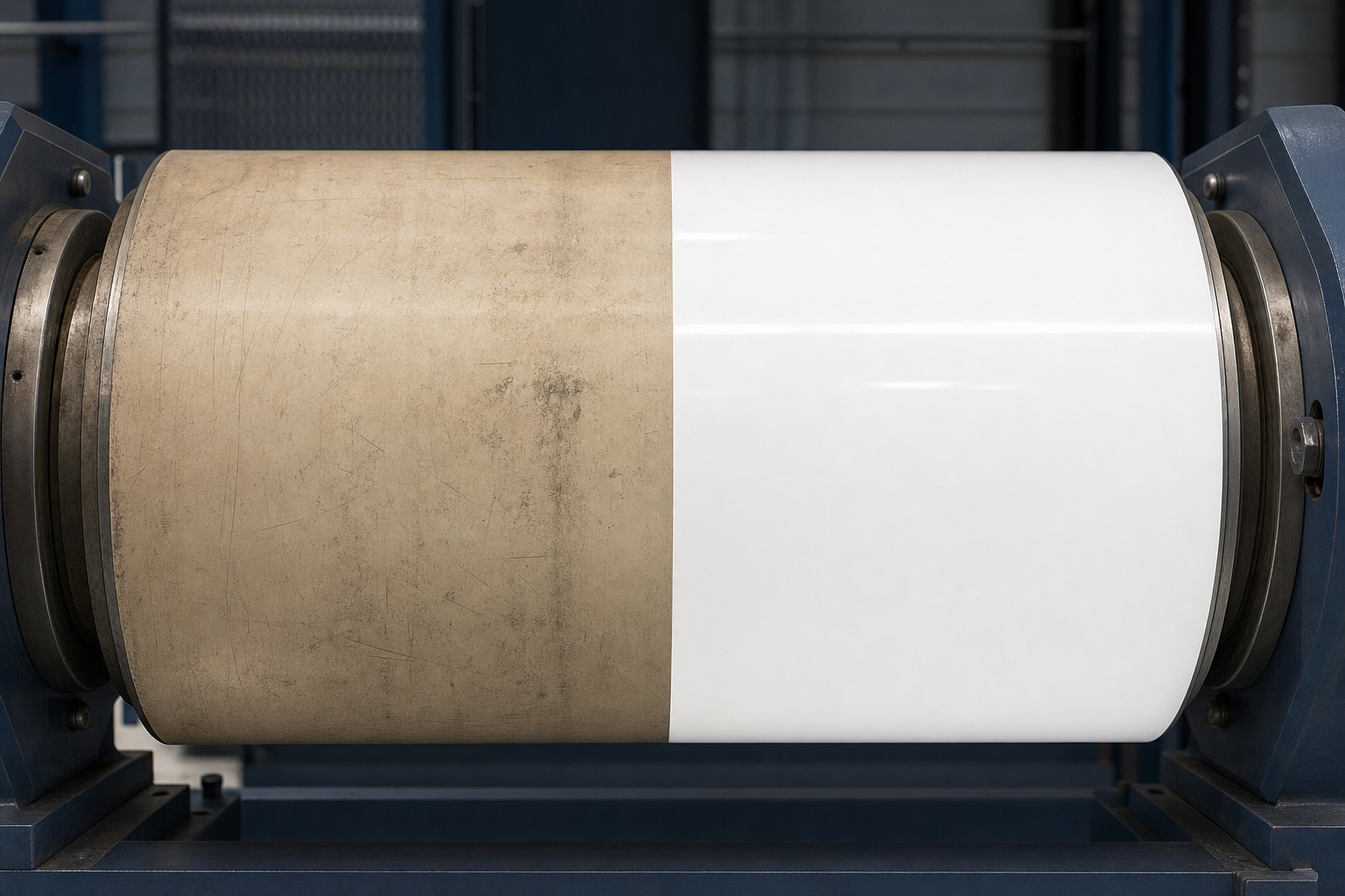 Paper mill dryer can before and after PTFE recoat by AEGIS Advanced