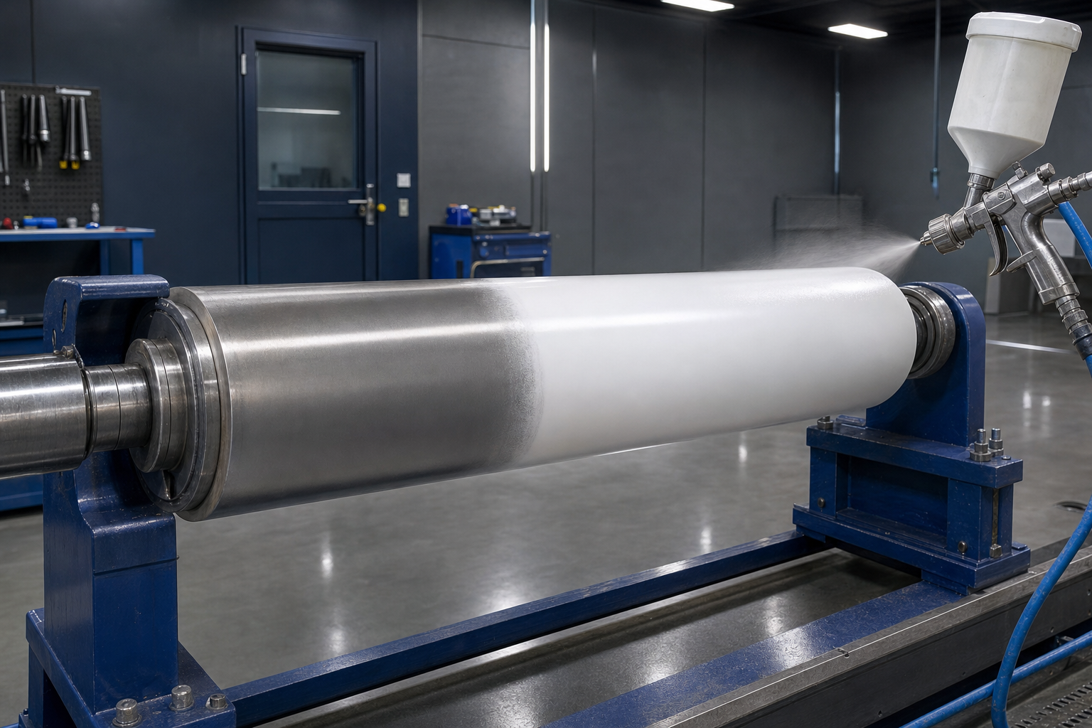 Paper mill press roll being recoated with fresh PTFE in the AEGIS Advanced workshop