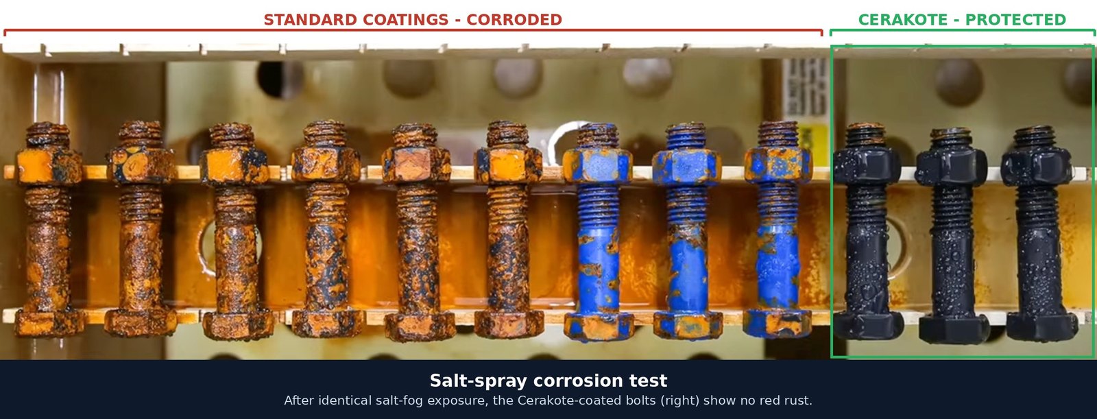 Salt-spray corrosion test comparing standard-coated fasteners with corrosion against clean Cerakote-coated bolts showing no red rust