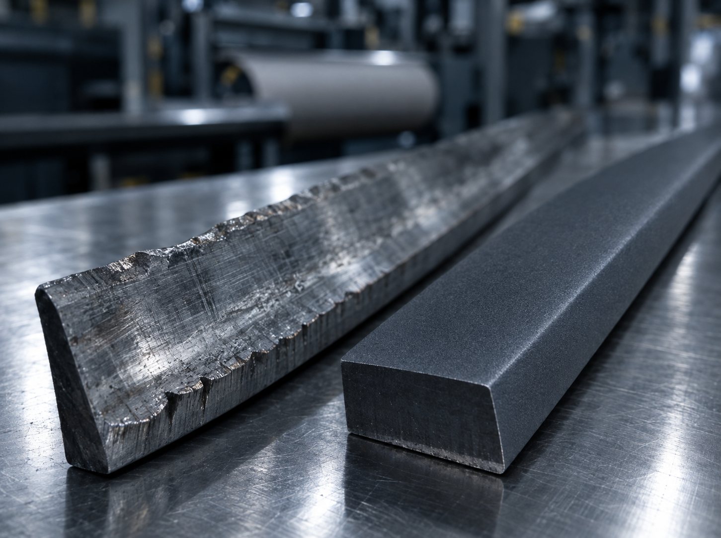 Worn uncoated doctor blade next to a tungsten carbide coated doctor blade